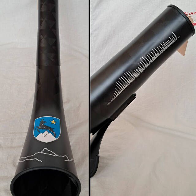 swiss carbon alphorn - décor pavillon et tube - écusson